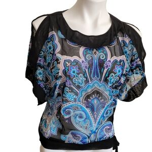 INC Petite S Top Batwing Short Sleeve Open Shoulder Side Tie Paisley ✅ measures